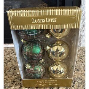 Vintage COUNTRY LIVING 6 Glass Christmas Tree Ornaments Gold & Green Design